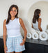Women Summer Pajama set Off White Top + White X Light Blue Plaid Shorts